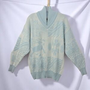 VTG Profile Woman V-Neck Sweater Pullover Knit Patterned Wool Blend‎ Blue Large